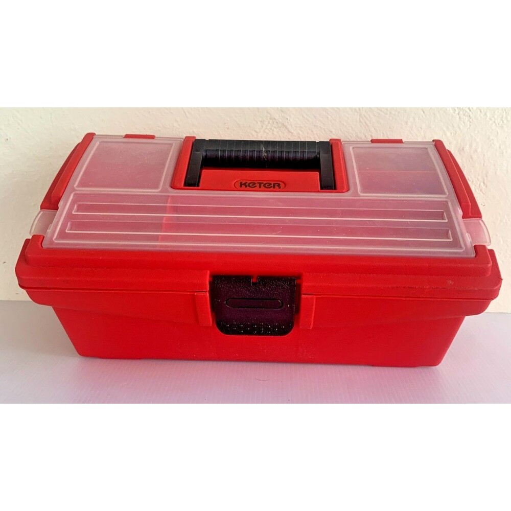 Keter Tool Craft Tackle Small Box Plastic Red Black Exterior Handle Snap Closure